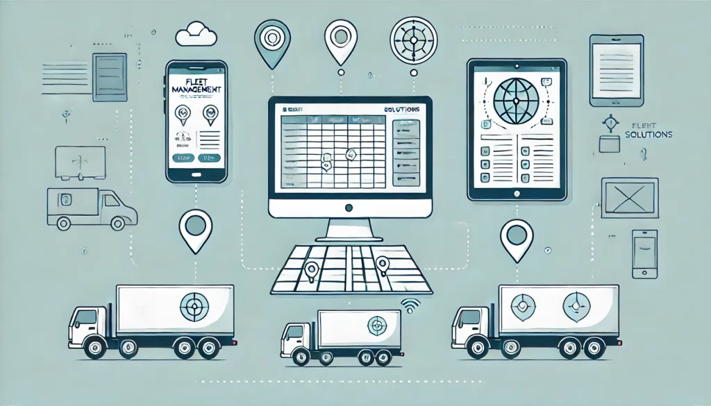 DALL·E 2024 07 11 12.24.49 A simplified illustration of fleet management solutions. Show a desktop computer a smartphone and a tablet connected by lines. The desktop screen di