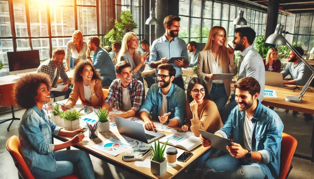 Employees of diverse backgrounds enthusiastically collaborate on a project in a vibrant, modern office setting. The scene showcases teamwork and positive energy, with everyone engaged and contributing ideas.