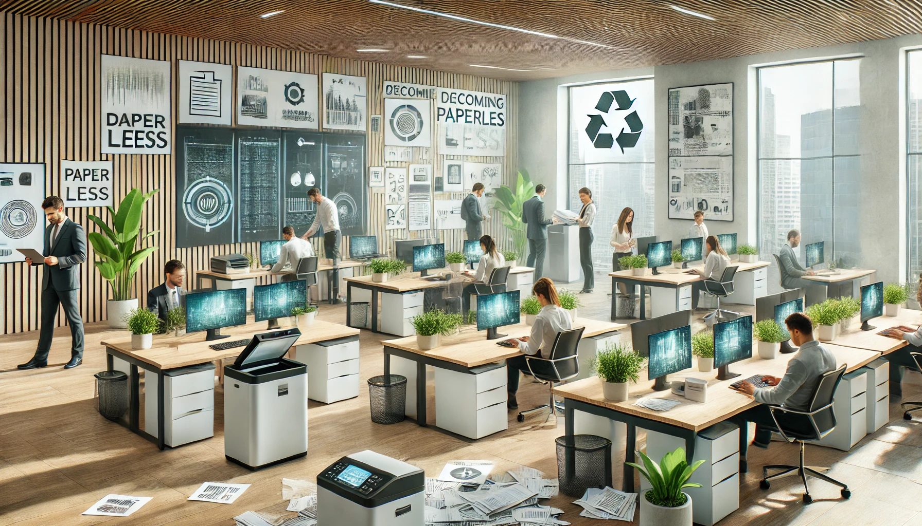 A modern office with employees using scanners to digitize documents, blending digital devices with remaining paper documents. The decor includes digital whiteboards, smart screens, and green plants, creating a minimalist and eco-friendly workspace.