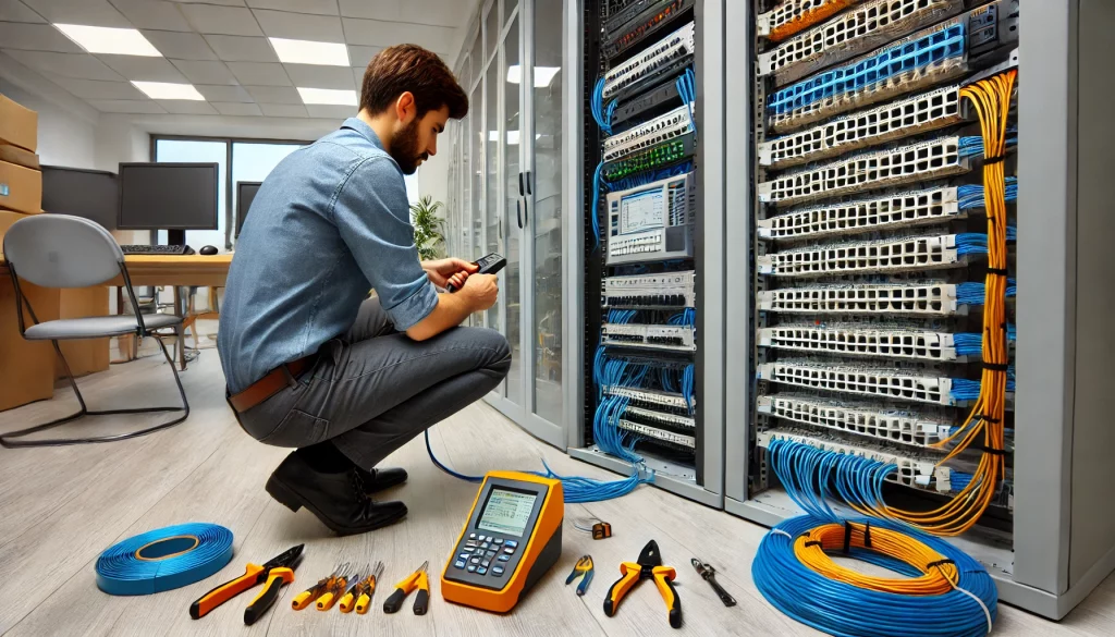 A commercial office environment showing a technician installing structured cabling