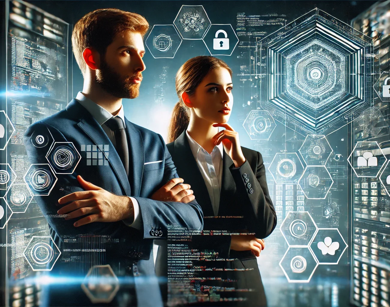 DALL·E 2024 07 08 19.49.38 A dynamic scene showcasing a partnership in cybersecurity. Two professionals a man and a woman are standing side by side looking at a large digital