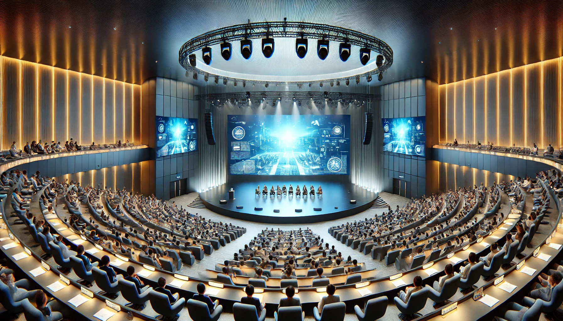 DALL·E 2024 07 26 16.53.59 A modern auditorium equipped with high definition projectors and large format screens displaying a clear vibrant image. The stage is well lit with in