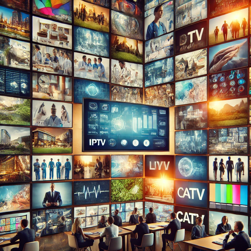 DALL·E 2024 07 27 00.39.19 A dynamic image featuring many flat screen TVs arranged in a collage each displaying different content from various industries such as hospitality h