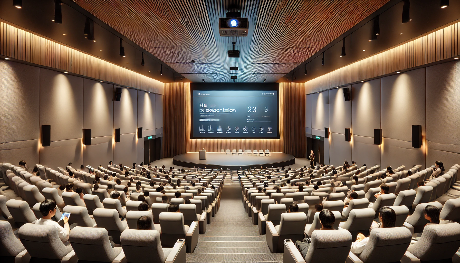 DALL·E 2024 07 27 11.19.35 An auditorium with rows of seats facing a large projector screen at the front. The screen is lit up with a presentation and the projector is position