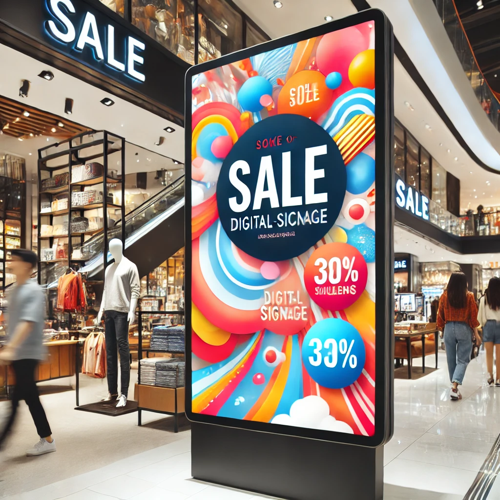 DALL·E 2024 07 27 12.30.52 A retail store with a digital signage display showing a promotion for a sale. The digital signage is vibrant with colorful graphics and text and is