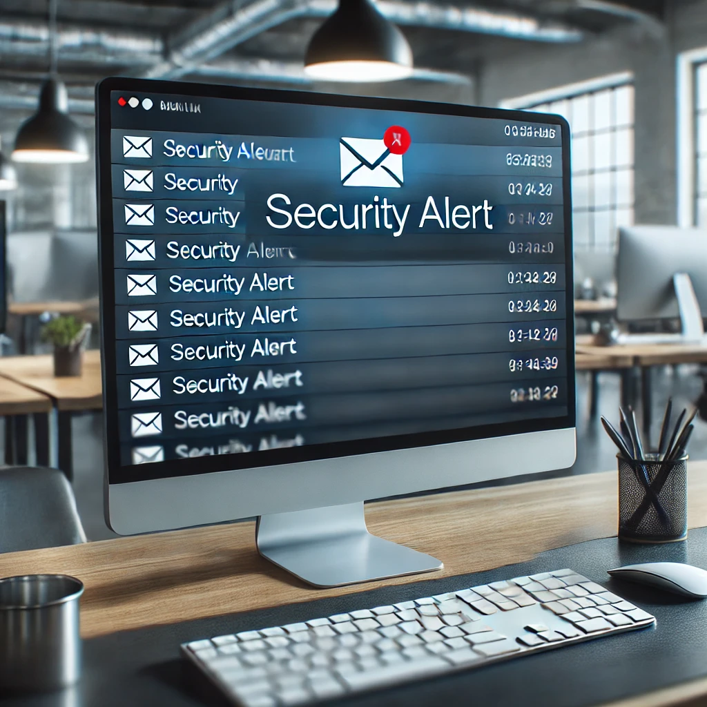 DALL·E 2024 07 27 13.27.52 A close up of an email inbox on a computer screen highlighting a security alert notification. The background shows a modern office environment with b