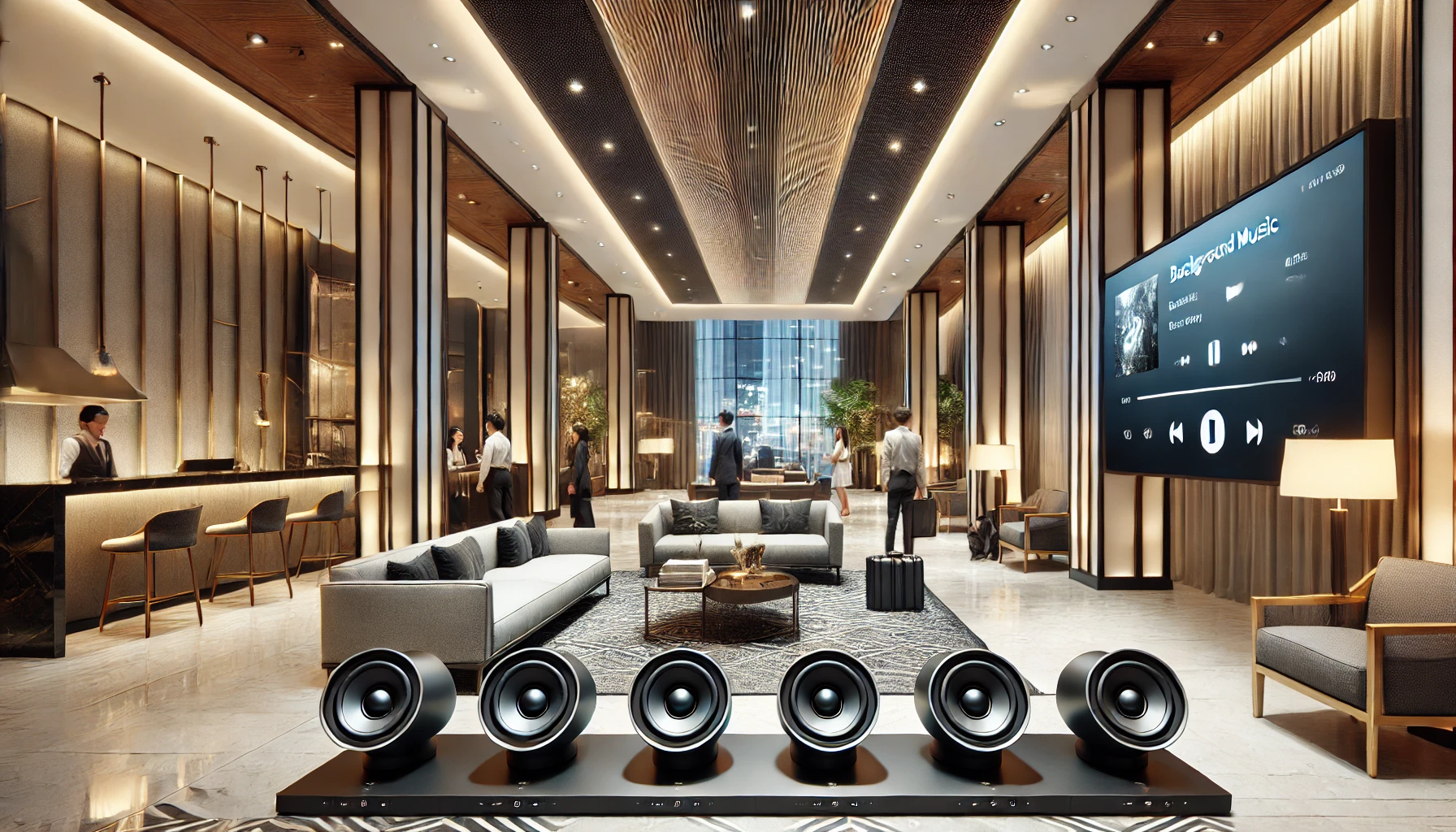 dalle 2024 07 26 16 43 27 a modern hotel lobby with a sophisticated audio system the image shows high quality speakers discreetly integrated into the ceiling and walls provid