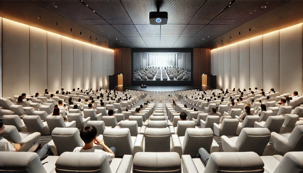 dalle 2024 07 27 11 29 24 an auditorium featuring white leather seats arranged in rows facing a large screen at the front a projector is positioned on the ceiling projecting