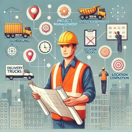 Digital illustration of a construction worker with a rolled blueprint, surrounded by various project management elements like scheduling boards, delivery trucks, location maps, job completion signatures, charts, and graphs. Background includes buildings with interconnected lines symbolizing efficient workflow and coordination.